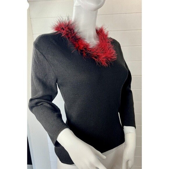 Beware VINTAGE Red Feather Collar Sweater Black Large Mob Wife Whimsy Goth - Picture 1 of 9